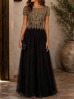 Basix Black Label Beaded Embroidered Gown Black Gold Tulle 10